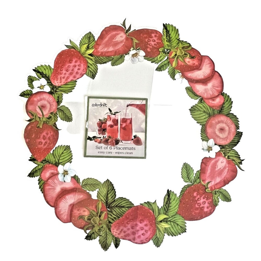 Colordrift Strawberries Placemats Set of 6 Vinyl Foam Back 15" Rd Beach Summer